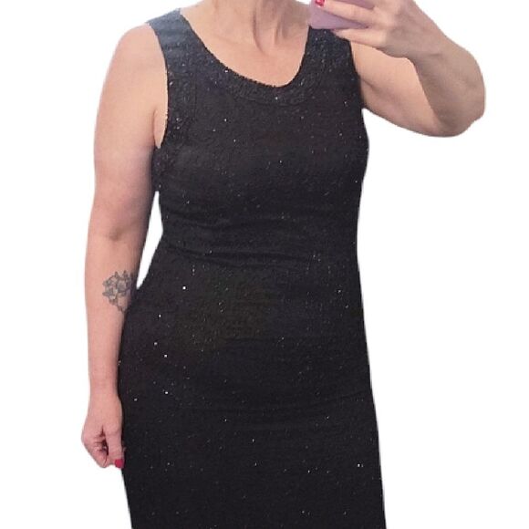 VTG 90s Laurence Kazar Black Beaded 100% Silk Formal Maxi Dress Large Sleeveless - Picture 7 of 12